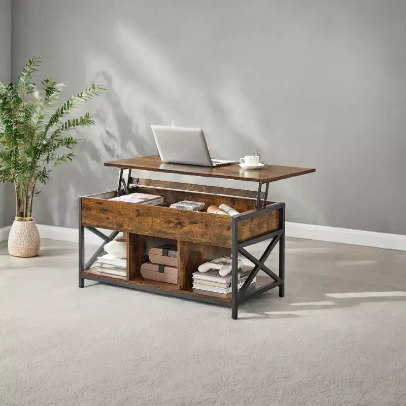 Table basse relevable avec compartiments cachés et étagère de rangement, 49,7 x 99,0 x (48,0-61,0) cm, table d'appoint relevable pour salon, bureau