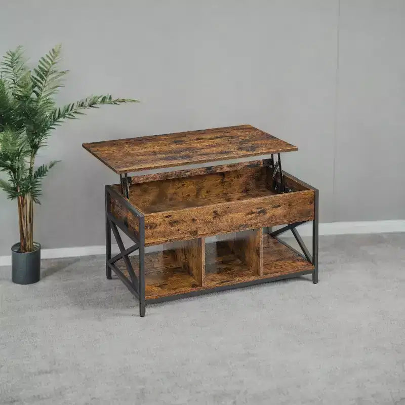 Table basse relevable avec compartiments cachés et étagère de rangement, 49,7 x 99,0 x (48,0-61,0) cm, table d'appoint relevable pour salon, bureau
