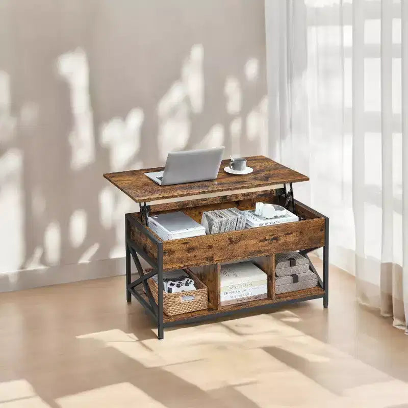 Table basse relevable avec compartiments cachés et étagère de rangement, 49,7 x 99,0 x (48,0-61,0) cm, table d'appoint relevable pour salon, bureau