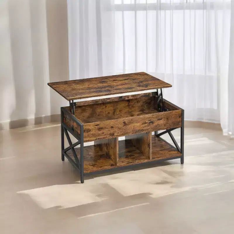 Table basse relevable avec compartiments cachés et étagère de rangement, 49,7 x 99,0 x (48,0-61,0) cm, table d'appoint relevable pour salon, bureau