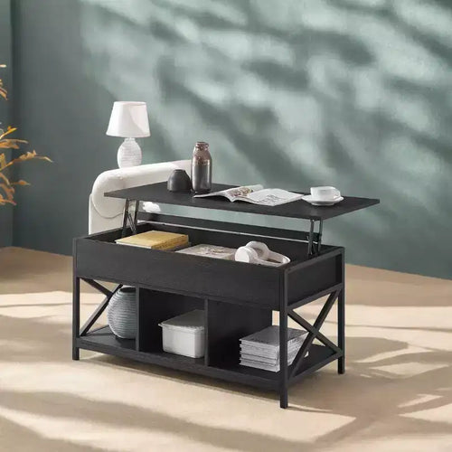 Table basse relevable avec compartiments cachés et étagère de rangement, 49,7 x 99,0 x (48,0-61,0) cm, table d'appoint relevable pour salon, bureau