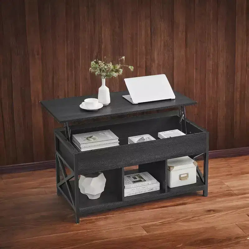 Table basse relevable avec compartiments cachés et étagère de rangement, 49,7 x 99,0 x (48,0-61,0) cm, table d'appoint relevable pour salon, bureau