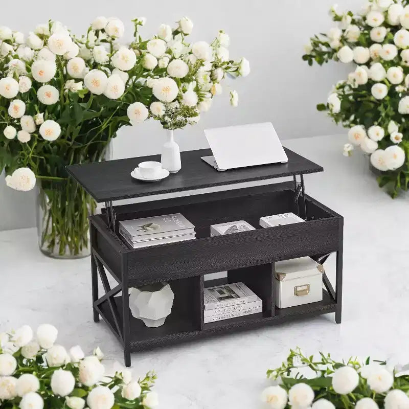 Table basse relevable avec compartiments cachés et étagère de rangement, 49,7 x 99,0 x (48,0-61,0) cm, table d'appoint relevable pour salon, bureau