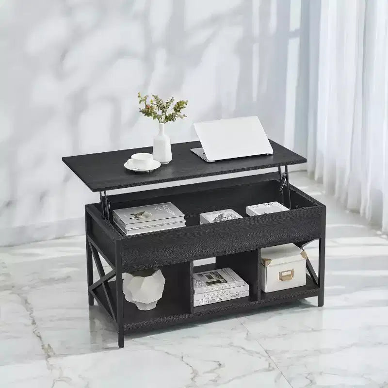 Table basse relevable avec compartiments cachés et étagère de rangement, 49,7 x 99,0 x (48,0-61,0) cm, table d'appoint relevable pour salon, bureau