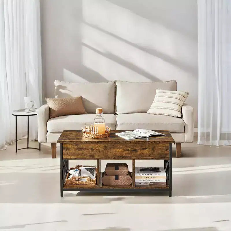 Table basse relevable avec compartiments cachés et étagère de rangement, 49,7 x 99,0 x (48,0-61,0) cm, table d'appoint relevable pour salon, bureau