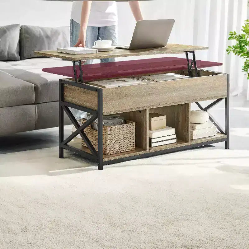 Table basse relevable avec compartiments cachés et étagère de rangement, 49,7 x 99,0 x (48,0-61,0) cm, table d'appoint relevable pour salon, bureau