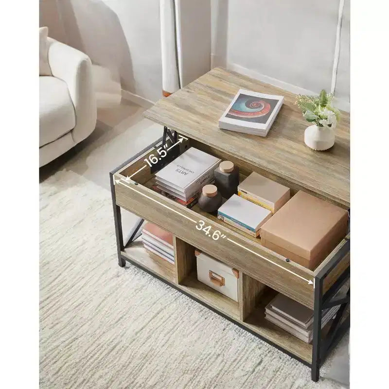 Table basse relevable avec compartiments cachés et étagère de rangement, 49,7 x 99,0 x (48,0-61,0) cm, table d'appoint relevable pour salon, bureau
