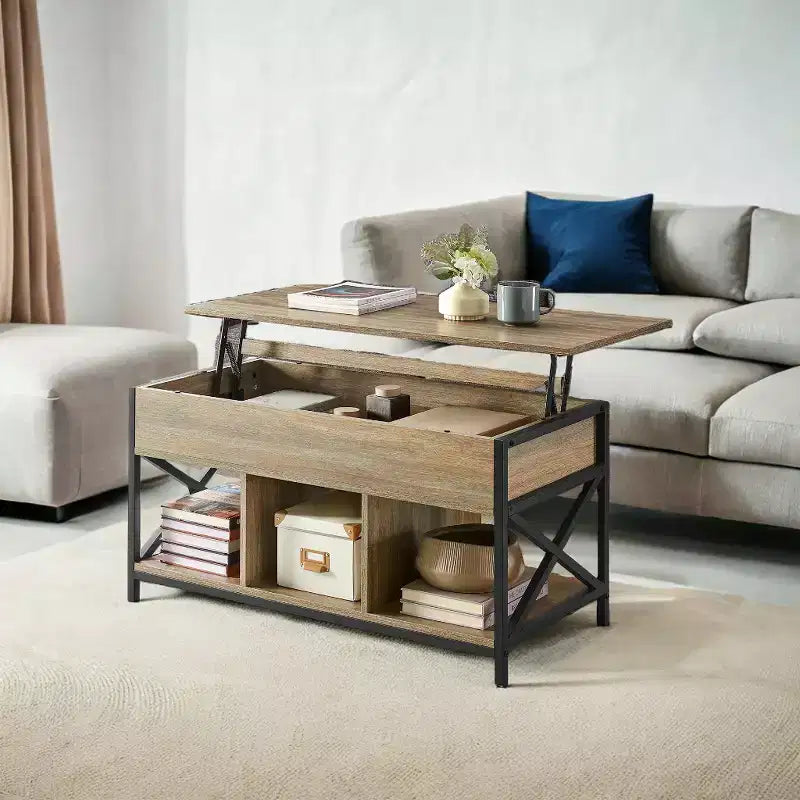 Table basse relevable avec compartiments cachés et étagère de rangement, 49,7 x 99,0 x (48,0-61,0) cm, table d'appoint relevable pour salon, bureau