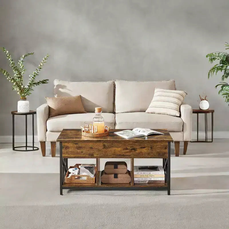 Table basse relevable avec compartiments cachés et étagère de rangement, 49,7 x 99,0 x (48,0-61,0) cm, table d'appoint relevable pour salon, bureau
