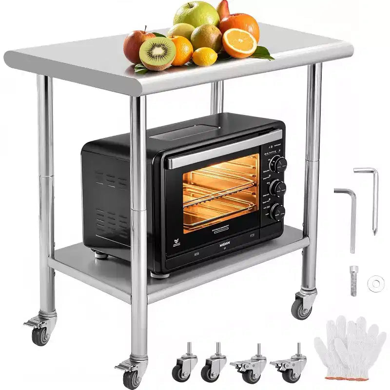 Heavy Duty Stainless Steel Work Table, Adjustable Height Utility Table for Home, Garage, and Restaurant Use