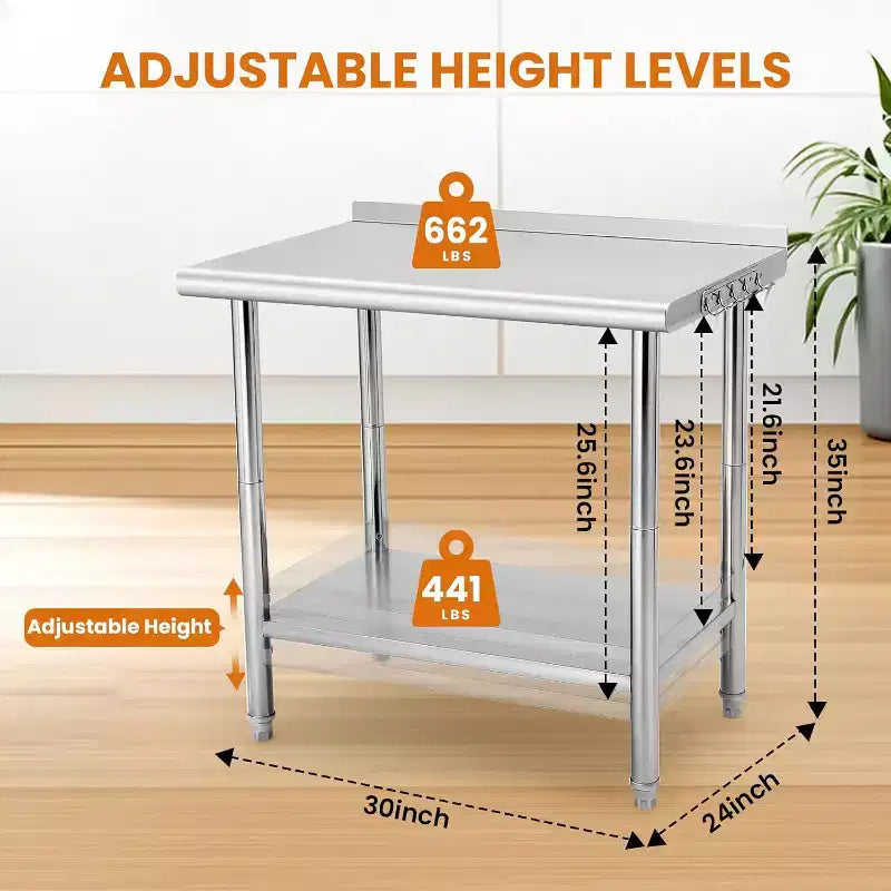 Table de travail robuste en acier inoxydable, table utilitaire à hauteur réglable pour la maison, le garage et la restauration