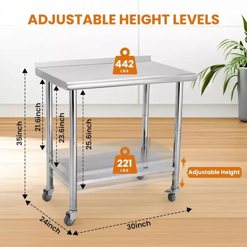 Table de travail robuste en acier inoxydable, table utilitaire à hauteur réglable pour la maison, le garage et la restauration