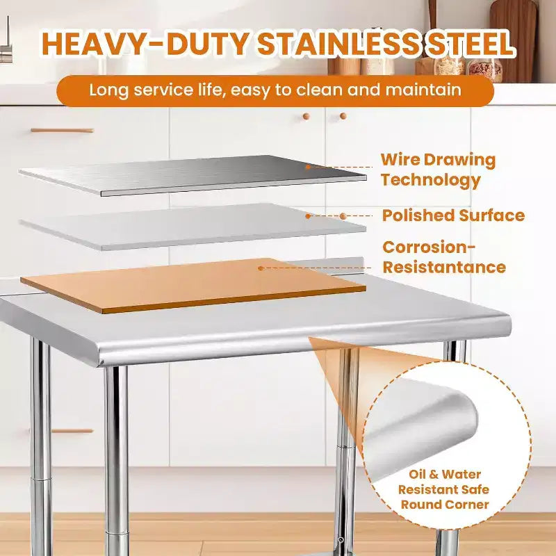 Table de travail robuste en acier inoxydable, table utilitaire à hauteur réglable pour la maison, le garage et la restauration
