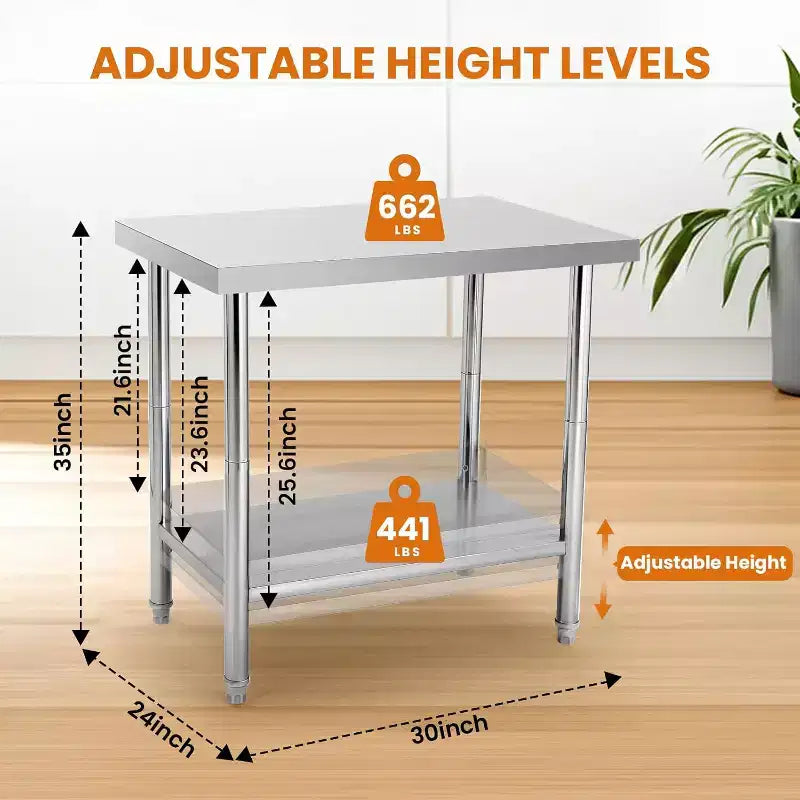 Table de travail robuste en acier inoxydable, table utilitaire à hauteur réglable pour la maison, le garage et la restauration