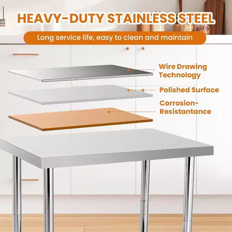 Table de travail robuste en acier inoxydable, table utilitaire à hauteur réglable pour la maison, le garage et la restauration