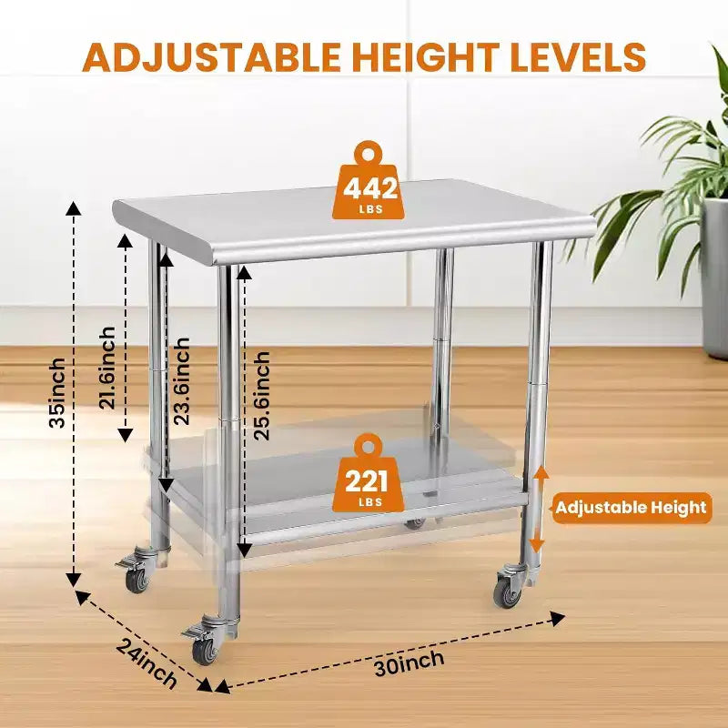 Table de travail robuste en acier inoxydable, table utilitaire à hauteur réglable pour la maison, le garage et la restauration