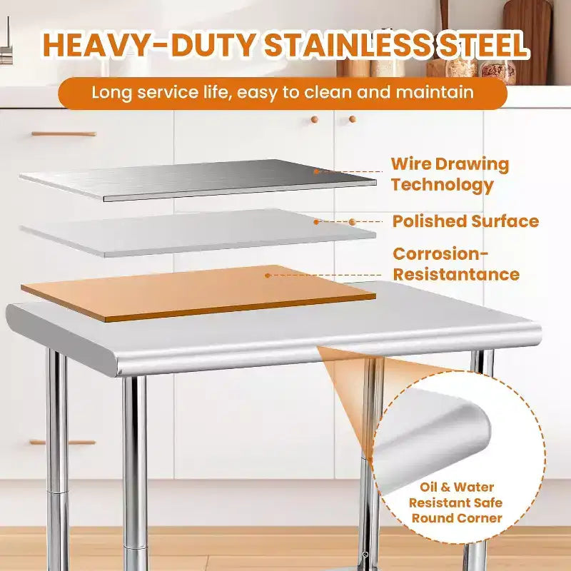 Table de travail robuste en acier inoxydable, table utilitaire à hauteur réglable pour la maison, le garage et la restauration