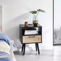 MAYEERTY Rattan End Table, Modern Nightstand with Drawer and Solid Wood Legs, Side Table for Living Room, Bedroom, Black