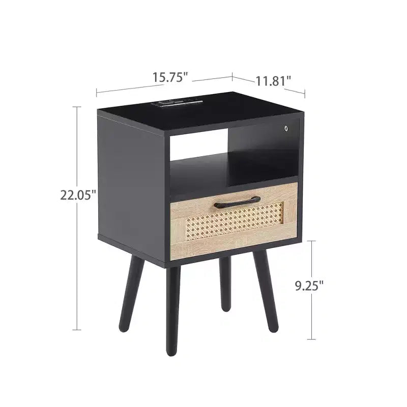 Table d'appoint en rotin, table de chevet moderne avec tiroir et pieds en bois massif