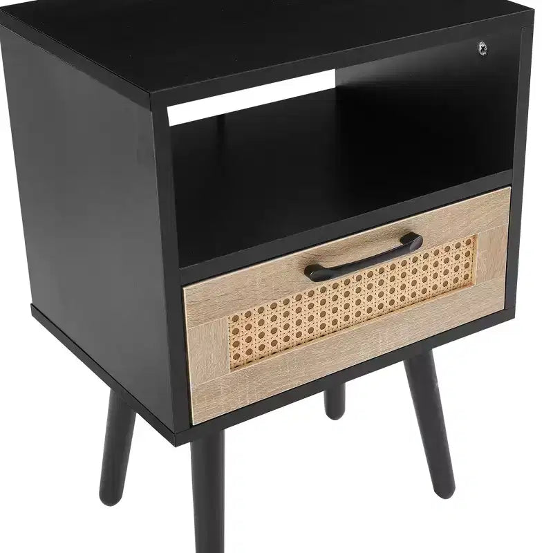 Table d'appoint en rotin, table de chevet moderne avec tiroir et pieds en bois massif