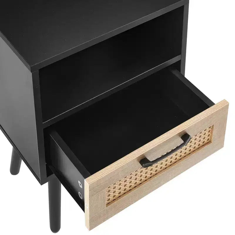 Table d'appoint en rotin, table de chevet moderne avec tiroir et pieds en bois massif