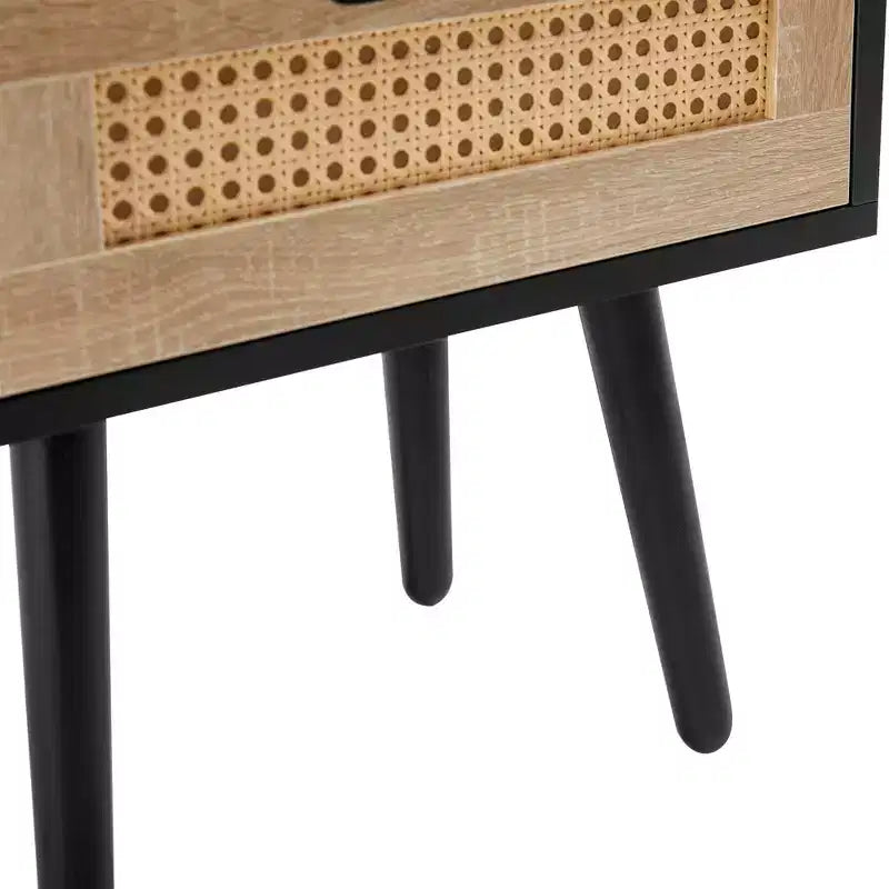 Table d'appoint en rotin, table de chevet moderne avec tiroir et pieds en bois massif
