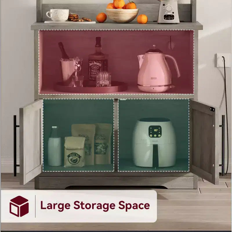 Meuble de rangement pour micro-ondes, étagère de boulanger, armoire de rangement en bois de style ferme avec prise de courant et comptoir épaissi