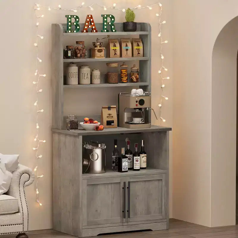 Meuble de rangement pour micro-ondes, étagère de boulanger, armoire de rangement en bois de style ferme avec prise de courant et comptoir épaissi
