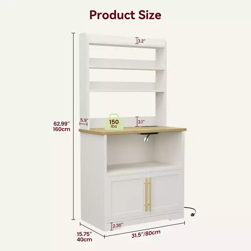 Meuble de rangement pour micro-ondes, étagère de boulanger, armoire de rangement en bois de style ferme avec prise de courant et comptoir épaissi