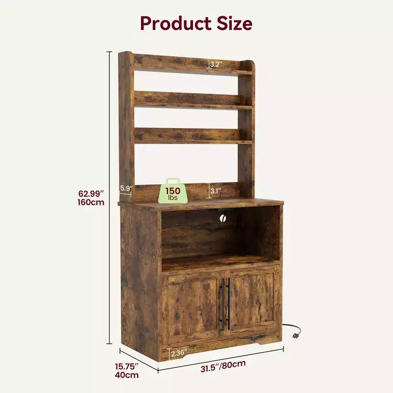 Meuble de rangement pour micro-ondes, étagère de boulanger, armoire de rangement en bois de style ferme avec prise de courant et comptoir épaissi