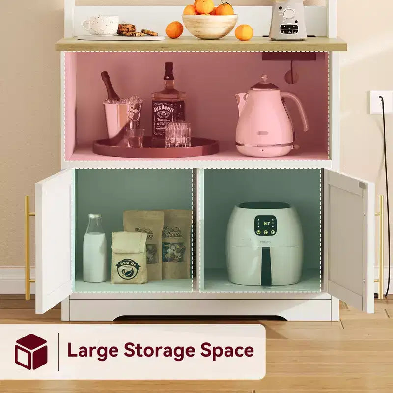 Meuble de rangement pour micro-ondes, étagère de boulanger, armoire de rangement en bois de style ferme avec prise de courant et comptoir épaissi
