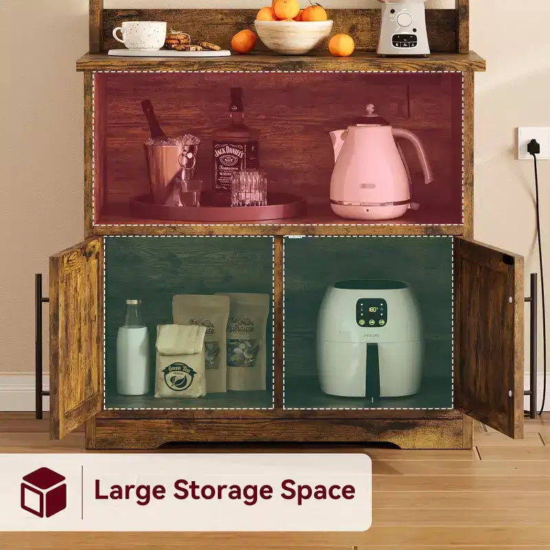 Meuble de rangement pour micro-ondes, étagère de boulanger, armoire de rangement en bois de style ferme avec prise de courant et comptoir épaissi