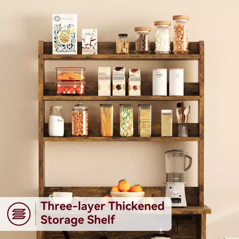 Meuble de rangement pour micro-ondes, étagère de boulanger, armoire de rangement en bois de style ferme avec prise de courant et comptoir épaissi