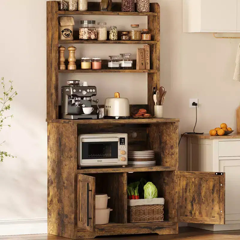 Microwave Stand Bakers Rack Cabinet, Farmhouse Wooden Storage Cabinet with Power Outlet with Thickened Counter