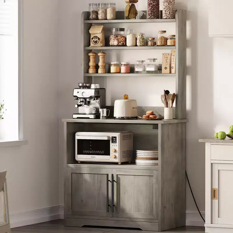Meuble de rangement pour micro-ondes, étagère de boulanger, armoire de rangement en bois de style ferme avec prise de courant et comptoir épaissi