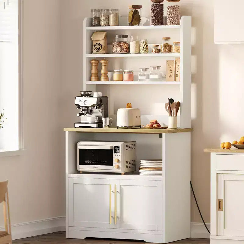Meuble de rangement pour micro-ondes, étagère de boulanger, armoire de rangement en bois de style ferme avec prise de courant et comptoir épaissi