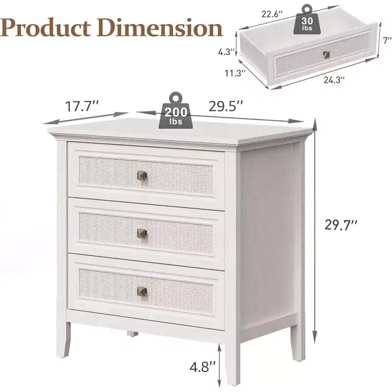 Commode de chambre, commode haute bohème avec 3 tiroirs décorés en rotin