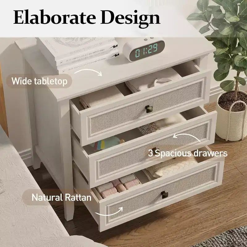 Commode de chambre, commode haute bohème avec 3 tiroirs décorés en rotin