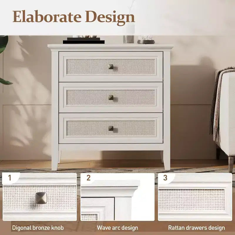 Commode de chambre, commode haute bohème avec 3 tiroirs décorés en rotin
