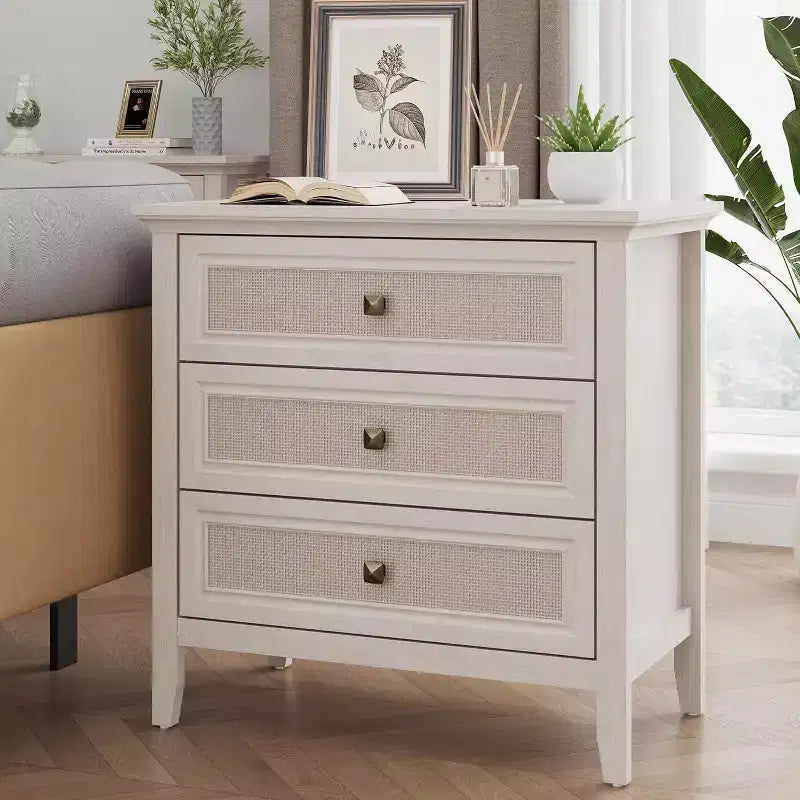 Commode de chambre, commode haute bohème avec 3 tiroirs décorés en rotin