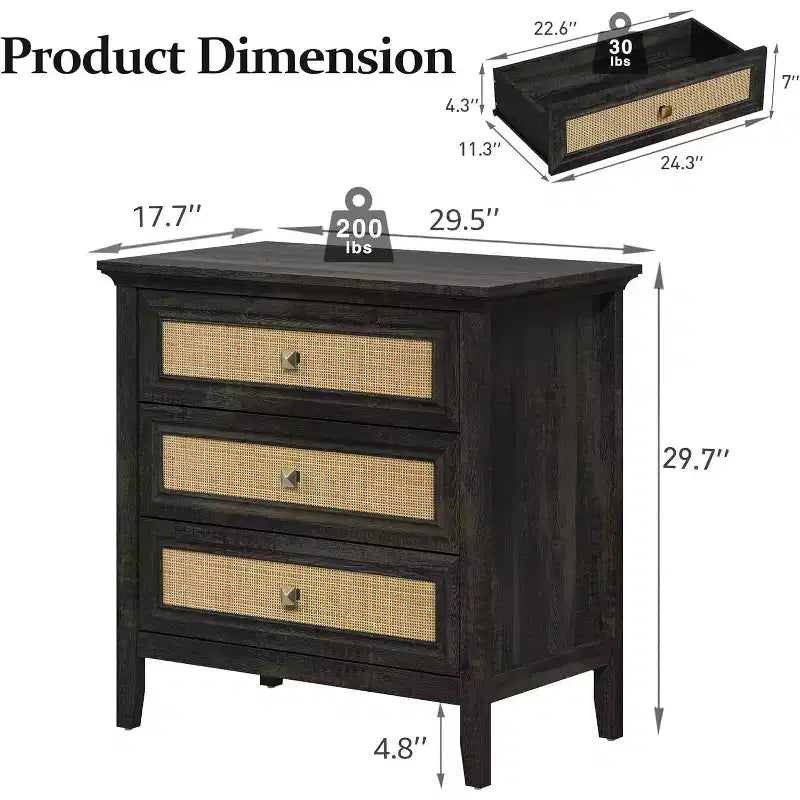 Commode de chambre, commode haute bohème avec 3 tiroirs décorés en rotin