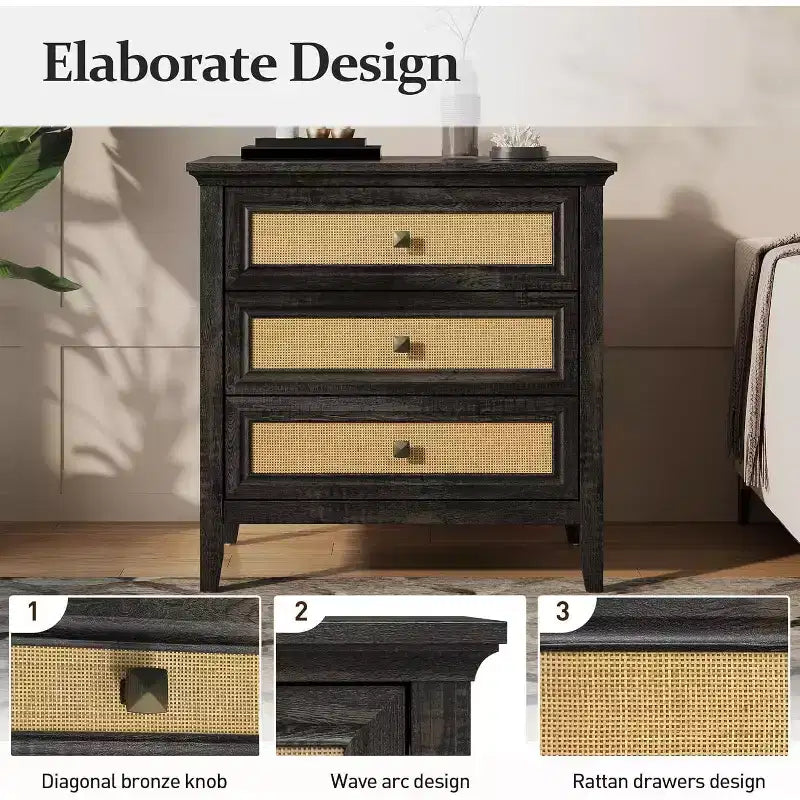 Commode de chambre, commode haute bohème avec 3 tiroirs décorés en rotin