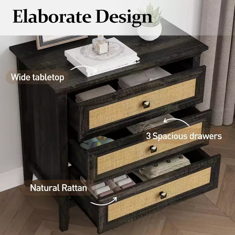 Commode de chambre, commode haute bohème avec 3 tiroirs décorés en rotin