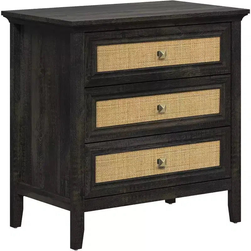 Commode de chambre, commode haute bohème avec 3 tiroirs décorés en rotin