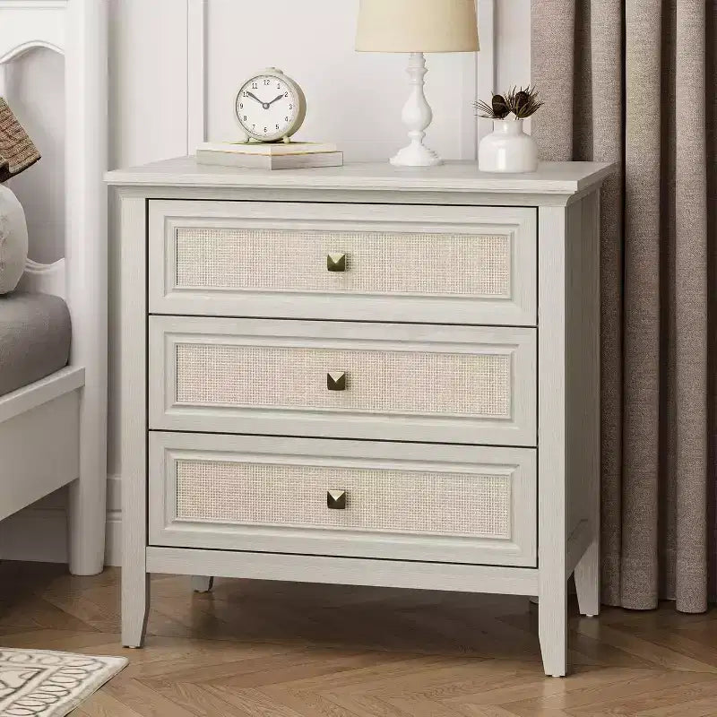 Commode de chambre, commode haute bohème avec 3 tiroirs décorés en rotin