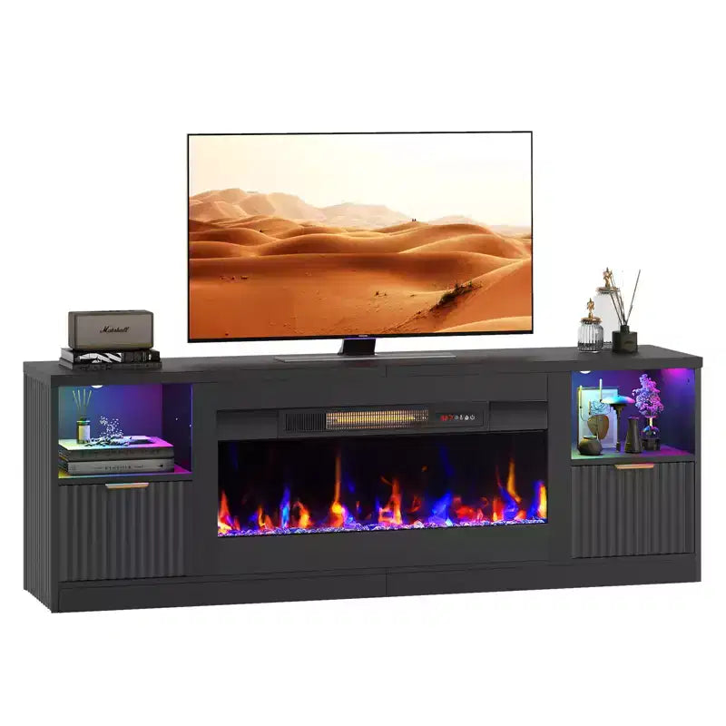 Meuble TV cheminée cannelé et brillant de 70 po avec cheminée de 36 po
