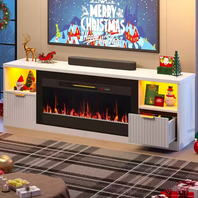 Meuble TV cheminée cannelé et brillant de 70 po avec cheminée de 36 po