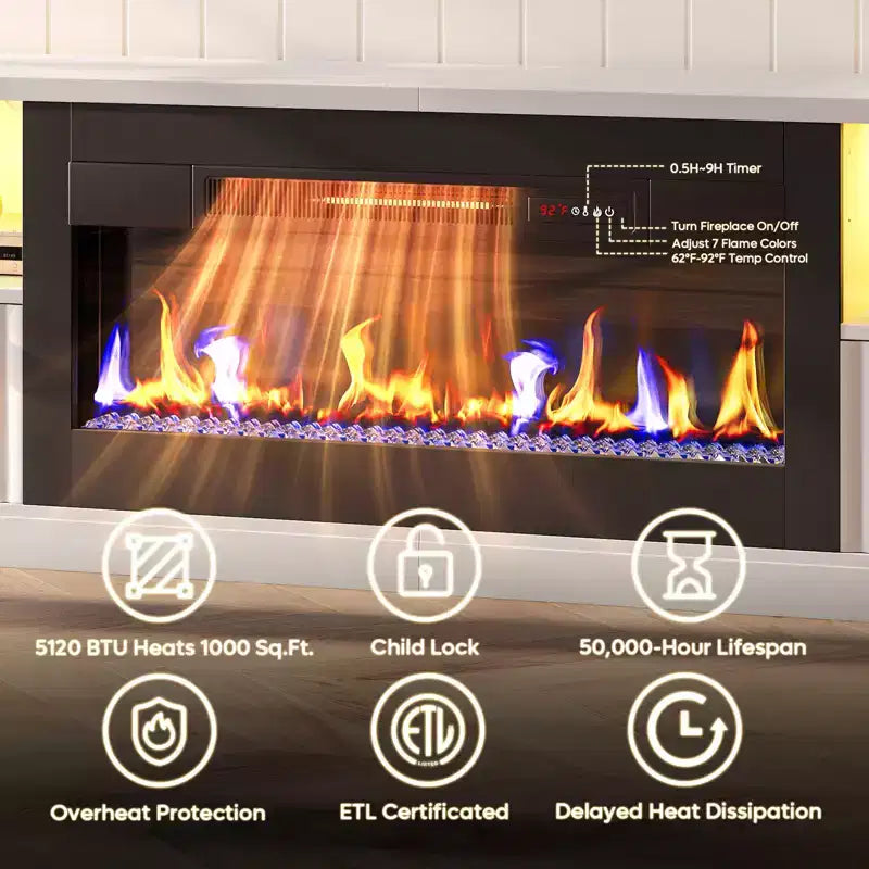 Meuble TV cheminée cannelé et brillant de 70 po avec cheminée de 36 po