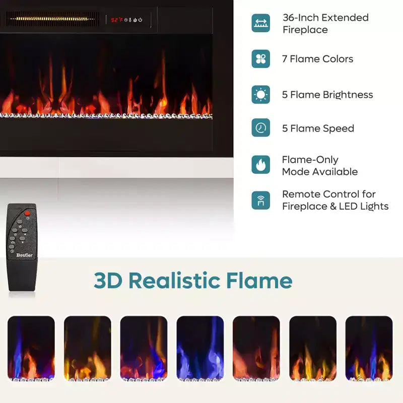 Meuble TV cheminée cannelé et brillant de 70 po avec cheminée de 36 po