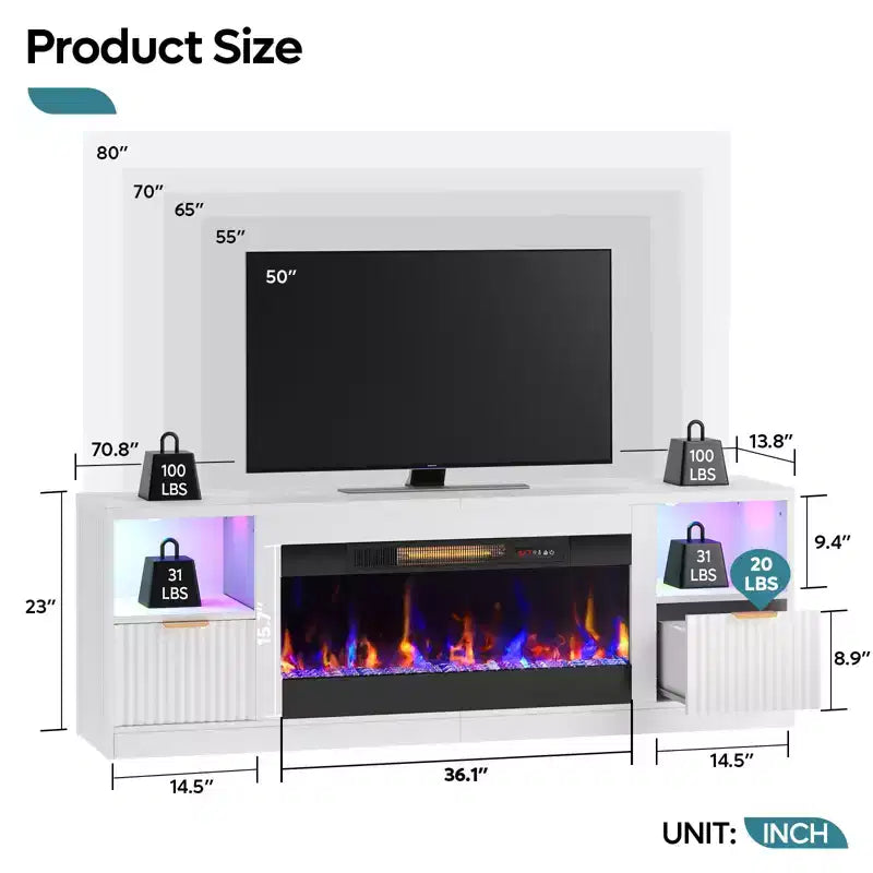 Meuble TV cheminée cannelé et brillant de 70 po avec cheminée de 36 po